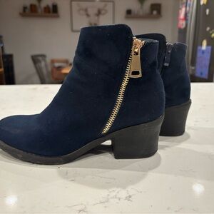 Reneeze Blue and Gold Ankle Booties with Block Heel